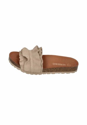 Beige suede slide sandal with ruffled strap, cork midsole, and tan footbed with VERBENAS branding inside.