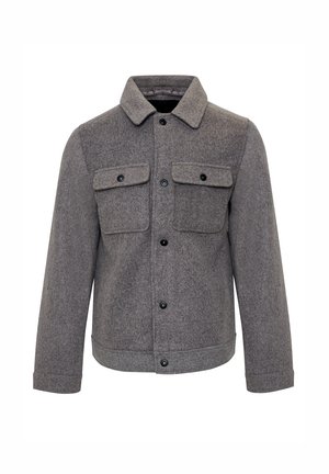 Chaqueta de lana gris con cuello, dos bolsillos de solapa frontales y botones negros. Textura suave y un corte ligeramente entallado.