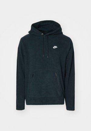 Zwarte fleece hoodie met een voorste kangoeroezak en twee met rits afsluitbare zijzakken. Inclusief een capuchon met trekkoord en een wit Nike-logo.
