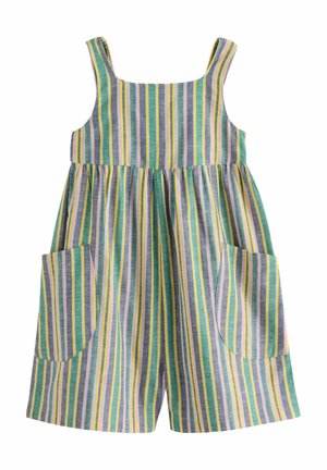 Combinaison rayée sans manches pour enfants avec larges bretelles, taille froncée et deux grandes poches avant en vert, jaune, violet et blanc.
