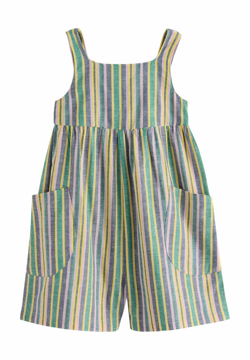 Combinaison rayée sans manches pour enfants avec larges bretelles, taille froncée et deux grandes poches avant en vert, jaune, violet et blanc.