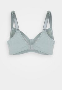 Bralette verde claro com tecido suave, alças prateadas ajustáveis, formato triangular e fecho de gancho na parte de trás.