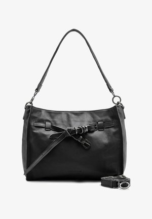 Sac à bandoulière en cuir noir avec poignée supérieure, sangles décoratives à double boucle à l'avant, et une bandoulière amovible à côté.