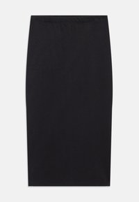 Jupe crayon noire, de longueur genoux, fabriquée à partir d'un tissu doux et extensible. Elle présente une taille lisse et une silhouette ajustée sans détails supplémentaires.