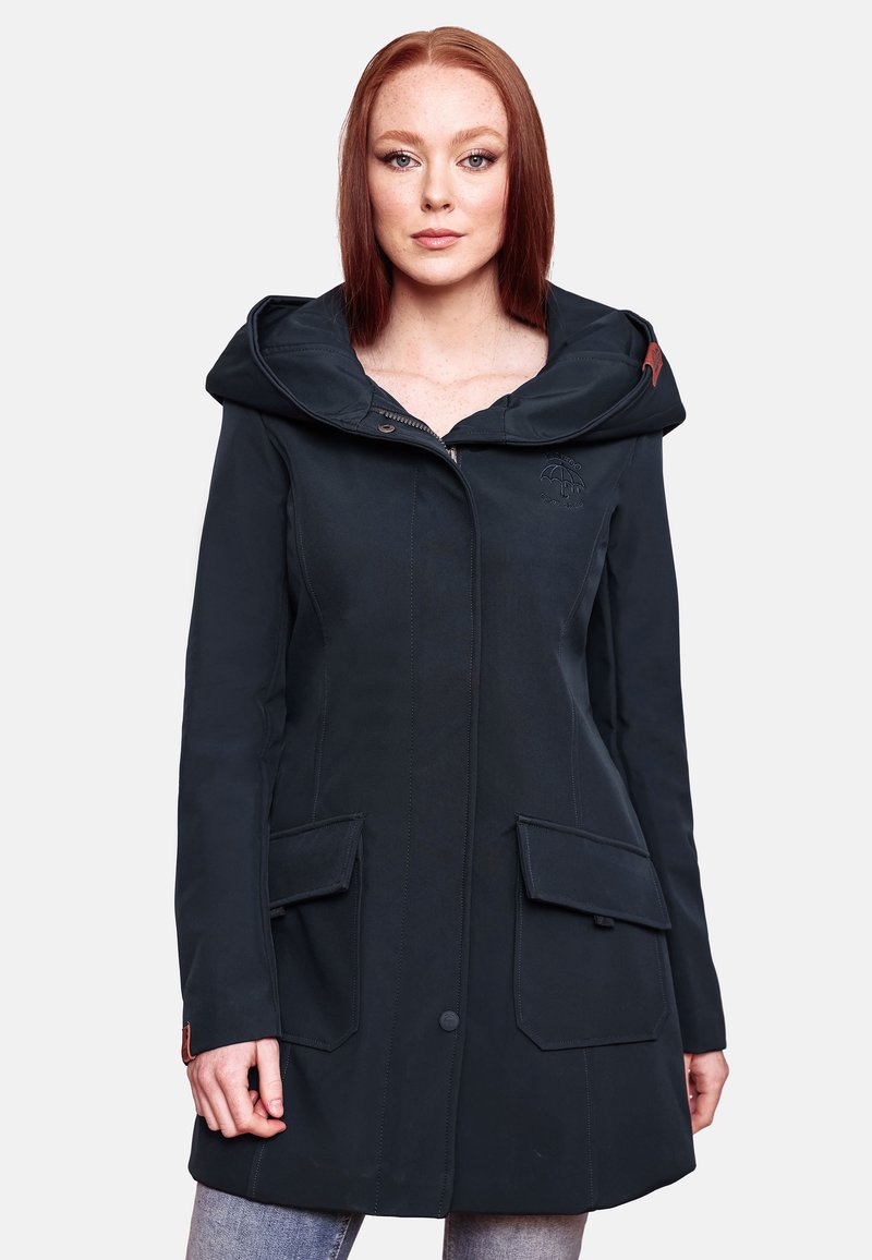 Dark blue waterproof parka with a large hood, zip closure, and front pockets. Features a subtle logo and smooth texture.