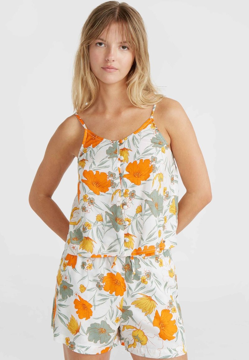 Blumendruck- Zweiteiler aus leichtem Stoff. Das Top hat orange und grüne Blumen, einen runden Ausschnitt und Knopfdetails. Die Shorts haben einen elastischen Bund.