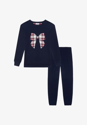 Set de pijama din polar bleumarin, compus dintr-un top cu mânecă lungă, având un design cu fundiță în carouri și pantaloni elastici asortați la talie. Textură moale pe întreaga suprafață.