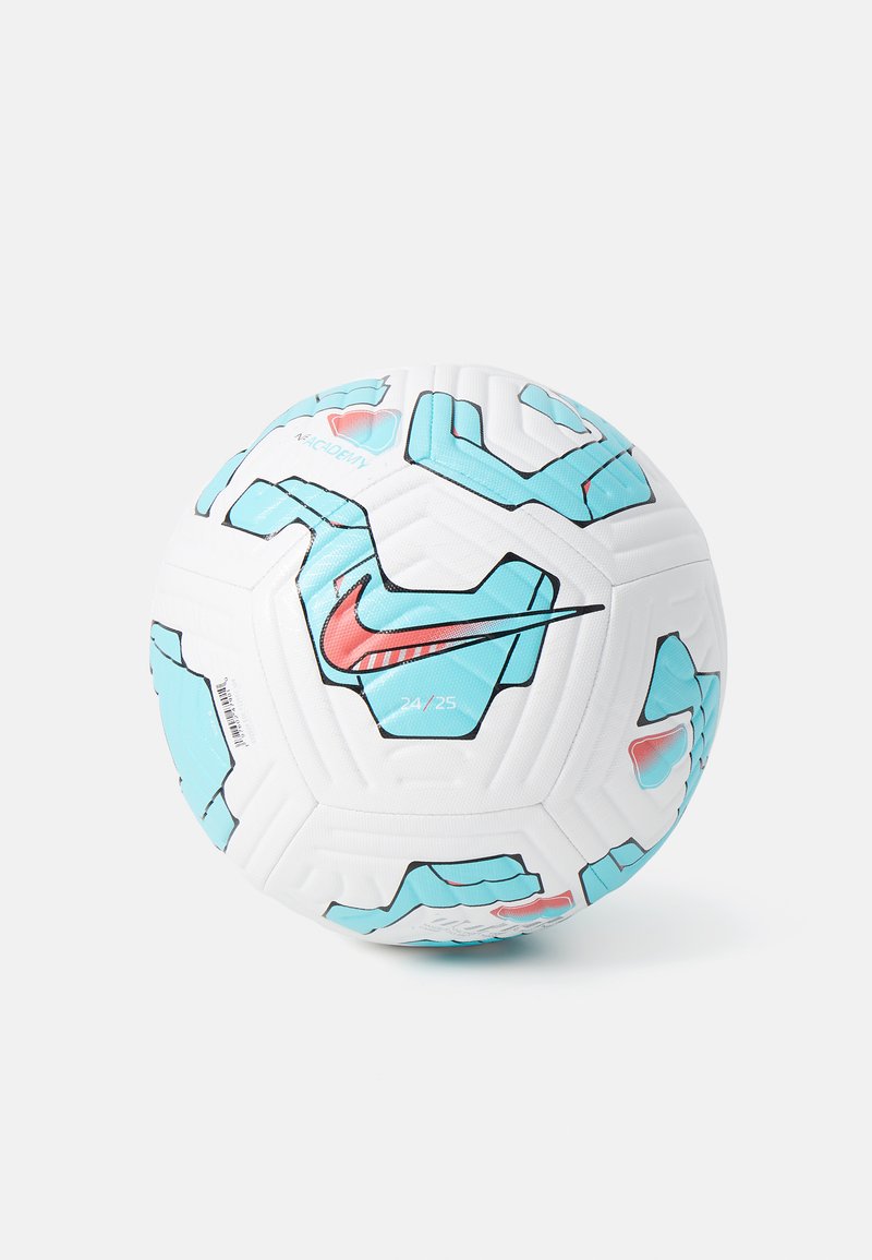 Pallone da calcio Nike, bianco con motivi geometrici blu e rosa, dotato di pannelli testurizzati e di un logo centrale, design 24/25.