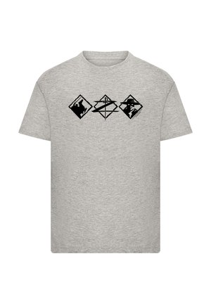 Gray cotton t-shirt featuring a graphic design with three black diamond-shaped emblems, each containing unique illustrations.