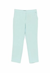 Pantaloni azzurri chiari a gamba dritta realizzati in tessuto morbido, con una vita senza chiusure visibili e senza tasche. Texture liscia.