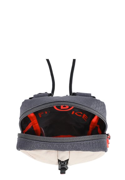Gray and beige backpack with a hexagonal textured exterior, red interior lining, dual zipper closure, and adjustable straps.