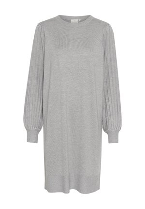 Abito in maglia grigio con maniche lunghe a coste, scollatura rotonda e una vestibilità rilassata. Tessuto morbido, lunghezza media, dettagli di design minimal.