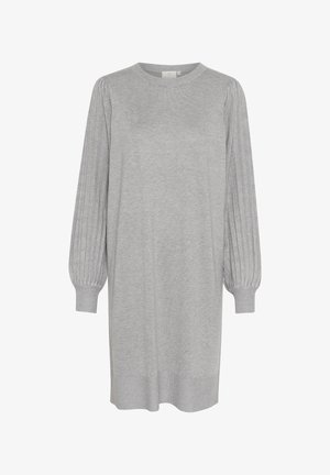 Abito in maglia grigio con maniche lunghe a coste, scollatura rotonda e una vestibilità rilassata. Tessuto morbido, lunghezza media, dettagli di design minimal.