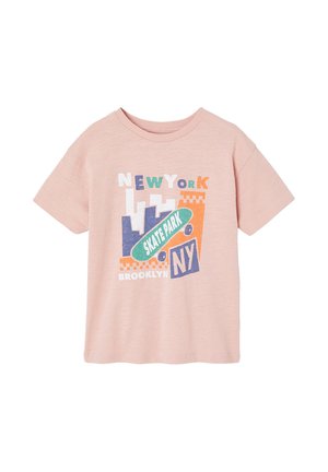 Light pink short-sleeve t-shirt with colorful New York skate park graphic, including skyline, skateboard, and text "Brooklyn NY."