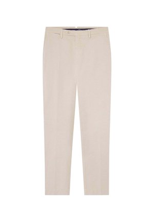 Beige katoenen broek met een rechte pijp, voorknoopsluiting en zijzakken. Soepele textuur en een pasvorm op maat.