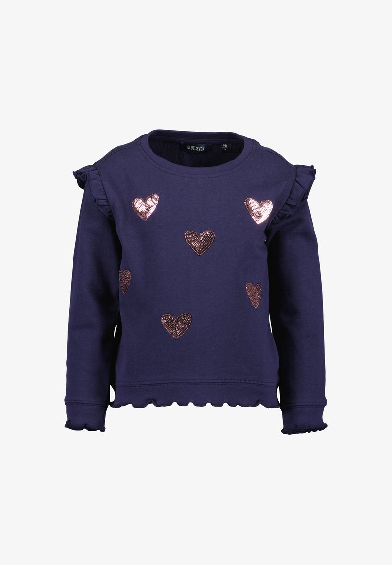 Sweatshirt blu navy con maniche lunghe, dettagli arricciati e cuori in paillettes oro rosa sul davanti. Orlo e polsini a ruches.