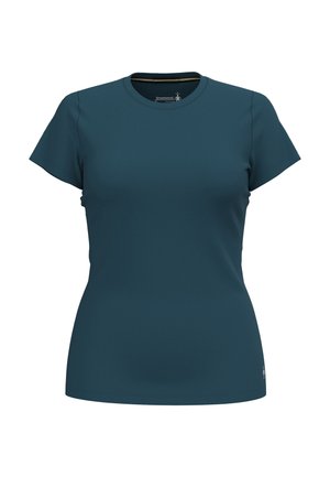Dámské tričko s krátkým rukávem v zúženém střihu a kulatým výstřihem v barvě modrozelené, zobrazené zepředu na bílém pozadí, s malým logem poblíž lemu.