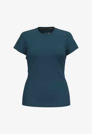 Maglietta da donna aderente a maniche corte, di colore verde acqua con scollo tondo, vista frontale su sfondo bianco, con piccolo logo vicino all'orlo.