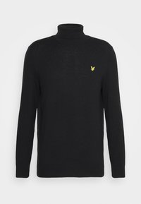 Maglione a collo alto di colore nero realizzato in tessuto morbido, con maniche lunghe e un piccolo logo giallo sul petto. Design semplice e classico.