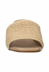 Beige geweven slipper sandaal met een brede band, open teenontwerp, een gladde leren look binnenzool en een platte, minimalistische rubberen buitenzool.
