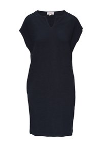 Marineblaues Kleid aus strukturiertem Stoff, mit einem V-Ausschnitt und Kurzärmeln, in lockerer Passform und knielanger Ausführung.