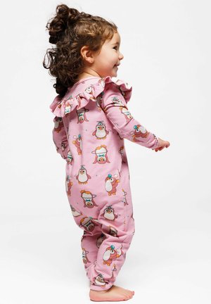 Pink long-sleeve onesie with penguin print and ruffled neckline. Soft fabric, tapered legs, and colorful penguin characters throughout.