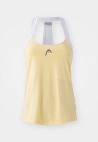 Yellow athletic tank top with a light gray mesh racerback and small dark logo on the chest. Smooth texture and casual design.