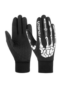 Guantes negros con diseño de mano esquelética blanca, palma texturizada en forma de panal y puño ajustado para un ajuste seguro.