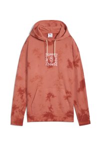 Hrdzavohnedá mikina vyrobená z bavlny, s motívom tie-dye, predným klokankovým vreckom a bielym logom v strede. Navrhnutá s kapucňou na stiahnutie.