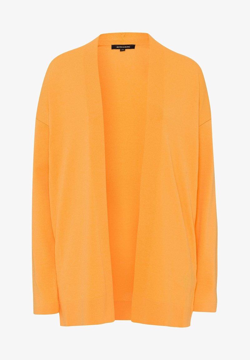 Åben front cardigan, lys orange, let strikket stof, lange ærmer, afslappet pasform, ingen lukninger, lige søm. Mærke: MORE & MORE.