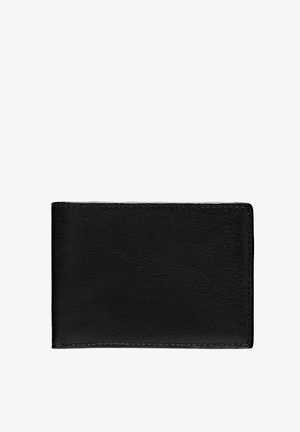 Black leather wallet with a smooth texture, rectangular shape, and clean edges. No visible hardware or patterns. Simple, functional design.