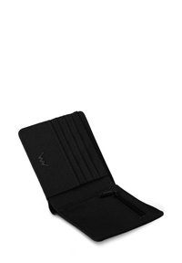 Black fabric wallet with multiple card slots, a zippered compartment, and subtle logo detail. Rectangular shape, textured exterior.