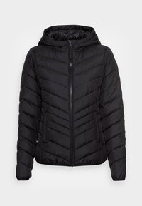 Černá péřová bunda s kapucí, vybavená zipovým uzávěrem, kosočtvercovým prošitím a elastickými manžetami, vyrobená z lehkého, voděodolného materiálu.