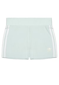 Ljus mintgröna sportshorts med vita sidostrecker och en Adidas-logo på nedre högra sidan. Tillverkade av ett mjukt, lätt material.