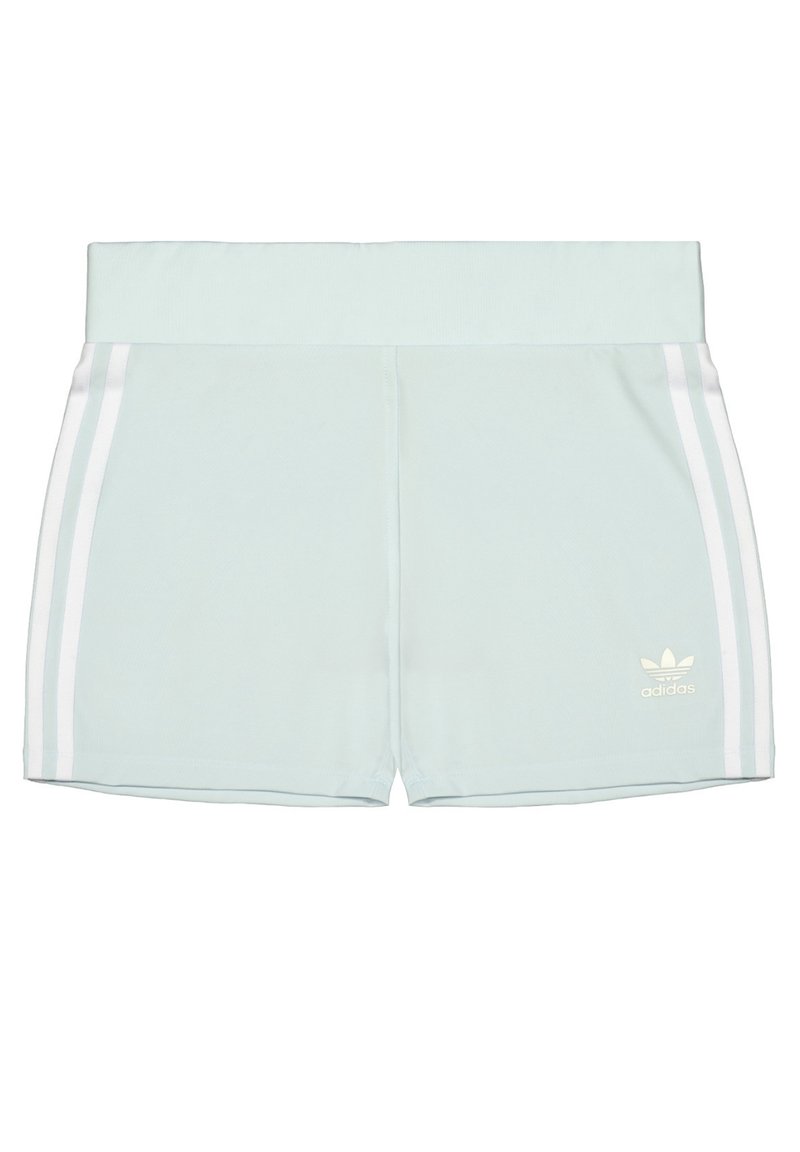 Ljus mintgröna sportshorts med vita sidostrecker och en Adidas-logo på nedre högra sidan. Tillverkade av ett mjukt, lätt material.