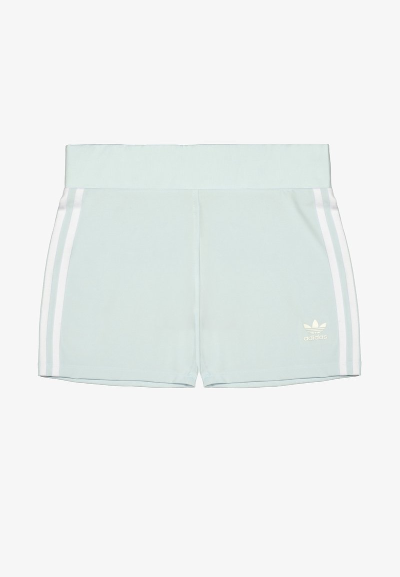 Light mint green athletic shorts with white side stripes and an Adidas logo on the lower right. Made of smooth, lightweight material.