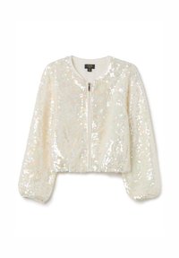 Giacca bomber bianca di paillettes tagliata, con scollatura rotonda e zip frontale. Presenta maniche lunghe arricciate e una fodera interna liscia.