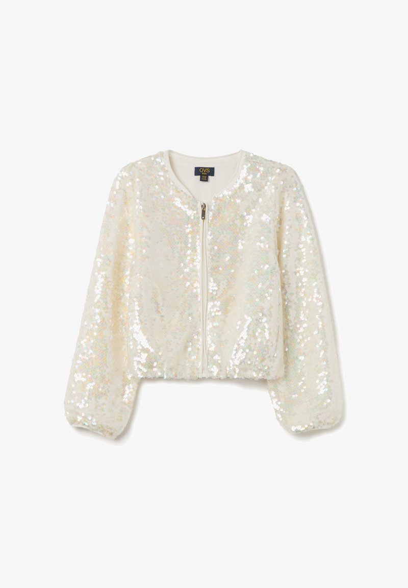 Gekürzte, weiße, mit Pailletten besetzte Bomberjacke mit rundem Halsausschnitt und vorderem Reißverschluss. Verfügt über gepuffte lange Ärmel und ein glattes Innenfutter.