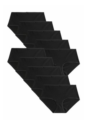 Nyolc darabos fekete pamut alsónemű csomag, magas derekú kialakítással, csipkével díszítve és egy kicsi masnival az elülső derékszíjon.