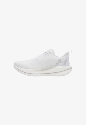 Weißer Sportschuh mit gepolsterter Sohle, atmungsaktivem Mesh-Obermaterial, Schnürdesign und dezentem Under Armour Logo an der Ferse.