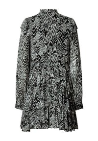 Dolga obleka z dolgimi rokavi v črno-beli vzorčasti izvedbi, z večplastnimi volani in visokim ovratnikom, prikazana od zadaj.