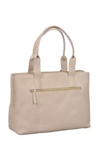 Beige leren schoudertas met dubbele handgrepen, gestructureerd oppervlak, voorvak met rits en contrasterende rand, en een ruime hoofdcompartiment.