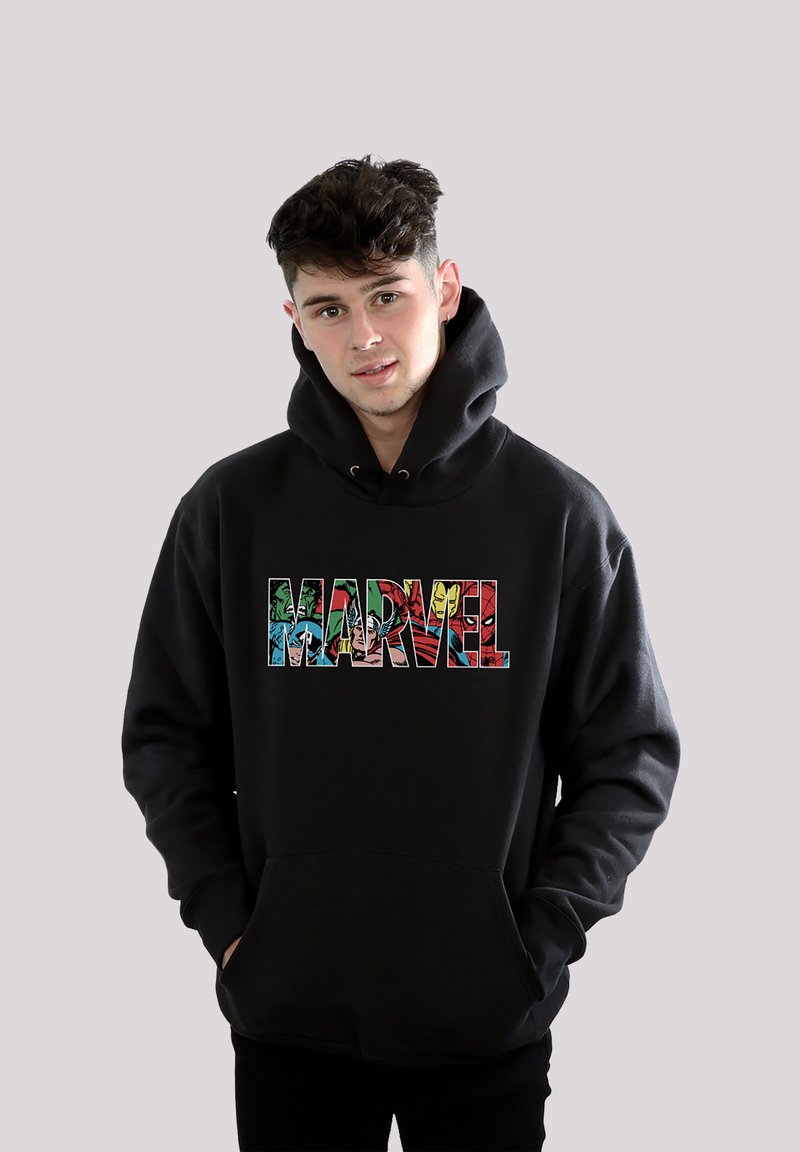 Black cotton hoodie featuring a colorful "MARVEL" graphic made of various superhero characters, with a front pocket and drawstring hood.