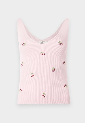 Top roz cu dungi, cu desene brodate cu cireșe. Are un decolteu adânc în formă de V și o croială ajustată, fiind fabricat dintr-un material moale și texturat.