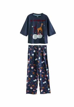 Navy cotton pajama set featuring a short-sleeve shirt with a giraffe graphic and contrasting red text, and patterned pants with festive designs.