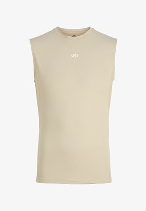 Débardeur beige de sport avec col rond et petit logo blanc centré sur la poitrine.