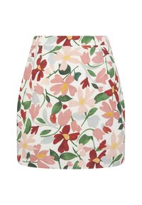Jupe mini florale en tissu léger. Présente un fond blanc avec des motifs de fleurs rouges, roses et vertes. Coupe droite.