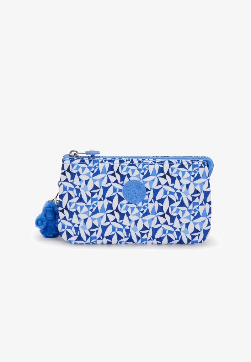 Modrý vzorovaný zipový sáček v různých odstínech modré a bílé. Obsahuje modrý pomponový šarm a kulatý detail loga na přední straně.