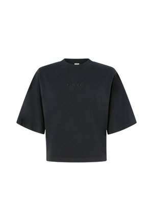 T-shirt nera a maniche corte e taglio cropped realizzata in cotone, con scollatura a girocollo e logo in rilievo "PINKO" sul davanti.