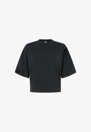T-shirt nera a maniche corte e taglio cropped realizzata in cotone, con scollatura a girocollo e logo in rilievo "PINKO" sul davanti.